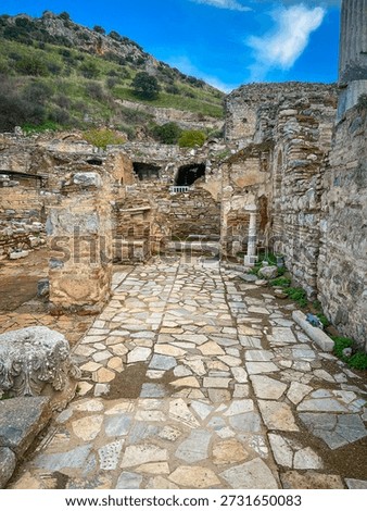 Irregular pebbles form a winding path slicing through weathered stone arches and toppled columns amid verdant slopes. Clear blue skies frame the multi-tiered remnants where greenery invades ancient terracotta walls.