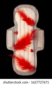 Irregular Period Concept. Menstrual Cycle Pad With Red Feathers On Black Background. Menorrhagia Or Heavy Menstruation Bleeding. Feminine Critical Days Hygiene Products. Creative Minimalism Dark Photo