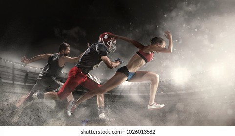 Irresistible in attack. Multi sports collage about basketball, American football players and fit running woman. Conceptual photo with running athletes in motion or movement at stadium with sand, smoke