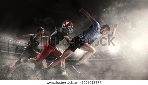 Irresistible in attack. Multi sports collage with\
running, basketball, American football players. Conceptual photo\
with fit running athletes in motion or movement at stadium. Super\
Bowl concept