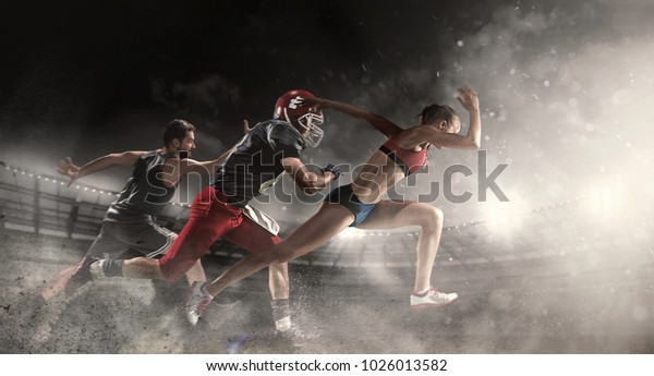 Irresistible in attack. Multi sports collage about\
basketball, American football players and fit running woman.\
Conceptual photo with running athletes in motion or movement at\
stadium with sand,\
smoke