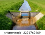 Irrigation concept, A small canal or ditch with little dam or water barrier for agriculture, Farmland in countryside of Holland with green grass meadow, Dutch water management system, Netherlands.