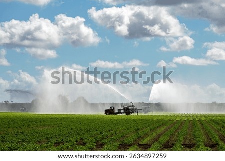 Irrigation of planted fields using pump trucks in Homestead, Florida under bright white clouds and sunny sky.