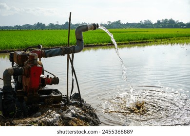Irrigation of rice fields using pump wells with the technique of pumping water from the ground to flow into the rice fields. The pumping station where water is pumped from a irrigation canal system.