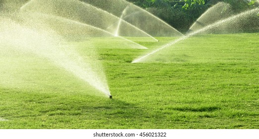 Irrigation System Watering the green grass, blurred background