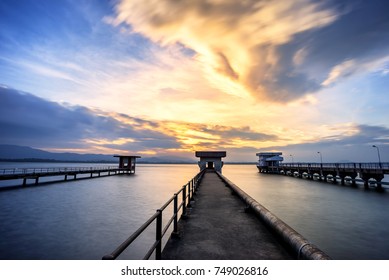 Irrigation Water Pump On River. Water Supply,The Scenery Of The Pumping Station Reflects The Water, Which Overlooks The Structure From Below At Bangpra ,Chonburi ,Thailand.