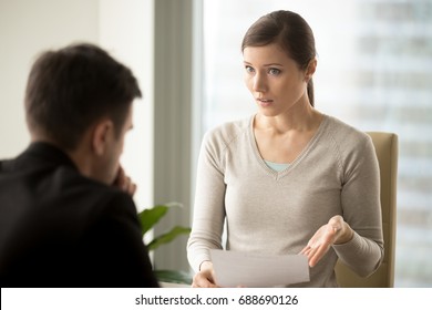 Irritated Businesswoman Holding Paper, Disagrees With Bad Contract Terms, Refuses To Sign Document, Has Questions Claims To Agreement Conditions, Boss Dissatisfied With Report Or Written Work Result