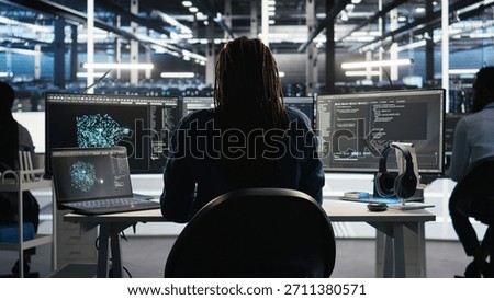 Irritated data center engineer punching desk, irked by glitches while using algorithms to analyze datasets. Mad server hub developer raging, annoyed by malfunctioning AI neural networks, camera A