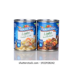 IRVINE, CA - January 05, 2014: A Can Of Progresso Light Beef Pot Roast Soup And Chicken Noodle. Progresso, Owned By General Mills Has Been Making Soups For Over 90 Years.