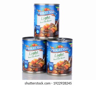 IRVINE, CA - January 05, 2014: Three Cans Of Progresso Light Beef Pot Roast Soup. Progresso, Owned By General Mills Has Been Making Soups For Over 90 Years.