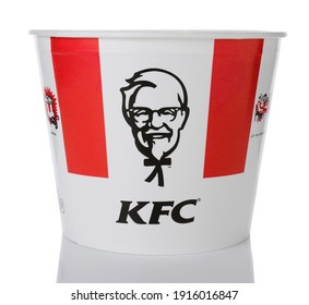 IRVINE, CA - JANUARY 15, 2015: A Bucket of KFC Chicken. Initially Kentucky Fried Chicken, founded by Harland Sanders, the fast food restaurant chain is now owned by Yum! Brands.