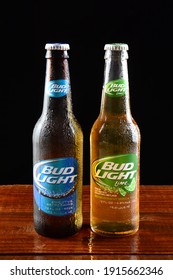 IRVINE, CA - JUNE 18, 2015: Bud Light And Bud Light Lime Bottles. Bud Light Is One Of The Most Popular Domestic Brands Of Beer.