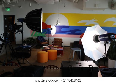 Irvine, CA - March 30, 2019: Behind-the-scenes Of A Photo Or Video Shoot At WeWork Office Spaces With Lighting Set Up