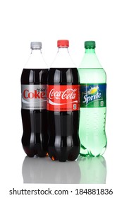 IRVINE, CA - March 31, 2014: Photo of three 42 ounce bottles of Coca-Cola products. Three of Cokes most popular products are Coca-Cola Classic, Diet Coke and Sprite.