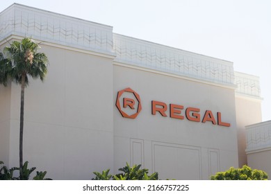 Irvine, CA, USA - May 7, 2022: Regal Logo Is Seen At Its Location At The Irvine Spectrum Center. Regal Cinemas Is An American Movie Theater Chain Headquartered In Knoxville, Tennessee.