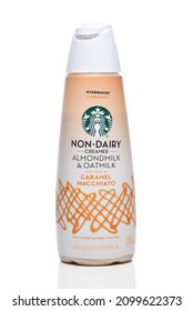 IRVINE, CALIFORNIA - 1 JAN 2022: A Bottle Of Starbucks Caramel Non-Dairy Creamer Made With Almond And Oat Milk.