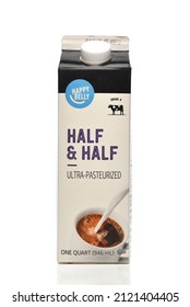 IRVINE, CALIFORNIA - 10 FEB 2022: A Carton Of Happy Belly Half And Half, A Private Label Brand From Amazon.