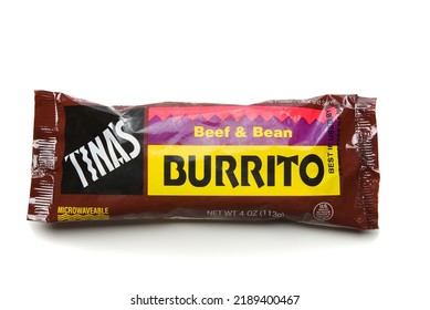 IRVINE, CALIFORNIA - 12 AUG 2022: A Single Frozen Package Of Tinas Beef And Bean Burrito.