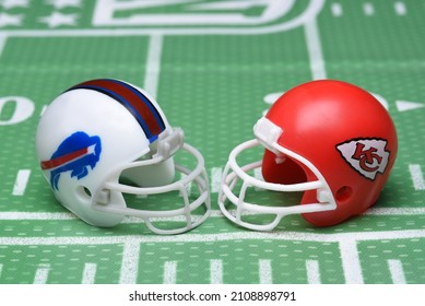 IRVINE, CALIFORNIA - 18 JAN 2022: Helmets For The Buffalo Bills And Kansas City Chiefs, Opponents In The Divisional Round Of Playoffs.