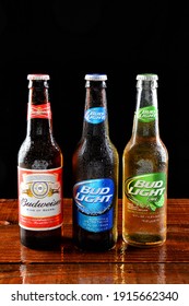 IRVINE, CALIFORNIA - 18 JUNE 2015: Bottles Of Budweiser, Bud Light And Bid Lime On A Wet Bar Countertop.