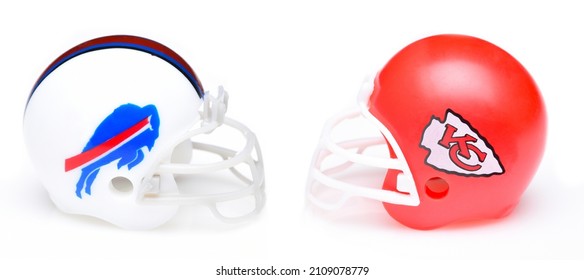 IRVINE, CALIFORNIA - 19 JAN 2022: Helmets For The Buffalo Bills And Kansas City Chiefs, Opponents In The Divisional Round Of Playoffs.