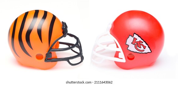 IRVINE, CALIFORNIA - 21 JAN 2022: Helmets For The Cincinnati Bengals And Kansas City Chiefs Opponents In The AFC Conference Championship Game.