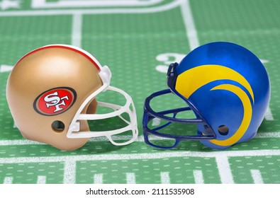 IRVINE, CALIFORNIA - 23 JAN 2022: Helmets for the San Francisco 49ers and Los Angeles Rams, opponents in the NFC Conference Championship game.