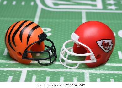 IRVINE, CALIFORNIA - 23 JAN 2022: Helmets For The Cincinnati Bengals And Kansas City Chiefs Opponents In The AFC Conference Championship Game.