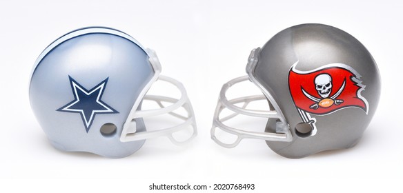 IRVINE, CALIFORNIA - 24 JUNE 2021: Football Helmets Of The Dallas Cowboys Vs Tampa Bay Buccaneers, The Thurdsay Night Football, Week One Opponents In The NFL 2021 Season