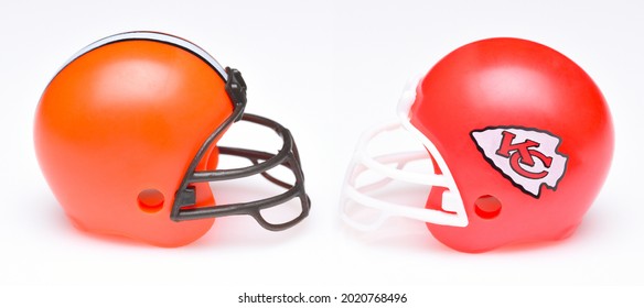 IRVINE, CALIFORNIA - 24 JUNE 2021: Football Helmets Of The Cleveland Browns And Kansas City Chiefs, Week One Opponents In The NFL 2021 Season