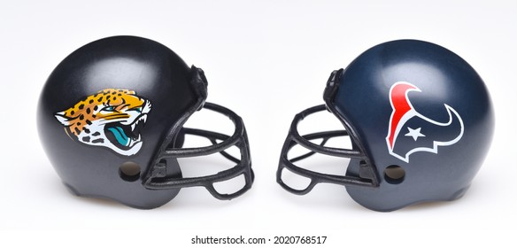 IRVINE, CALIFORNIA - 24 JUNE 2021: Football Helmets Of The Jacksonville Jaguars Vs Houston Texans, Week One Opponents In The NFL 2021 Season