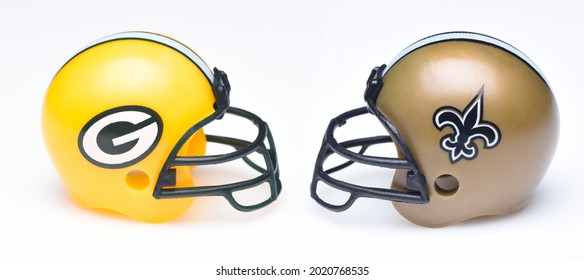 IRVINE, CALIFORNIA - 24 JUNE 2021: Football helmets of the Green Bay Packers and New Orleans Saints, Week One opponents in the NFL 2021 Season