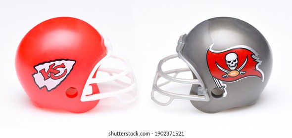 IRVINE, CALIFORNIA - 25 JAN 2021: Helmets for the Tampa Bay Buccaneers, and Kansas City Chiefs, opponents in Super Bowl LV.
