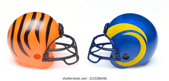 IRVINE, CALIFORNIA - 30 JAN 2022: Helmets for the Cincinatti Bengals and Los Angeles Rams, opponents in Super Bowl LVI