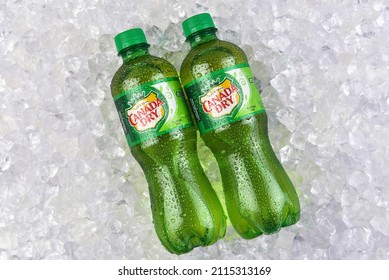 IRVINE, CALIFORNIA - 30 JAN 2022: Two Bottles Of Canada Dry Ginger Ale Bottle On Ice.