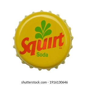 IRVINE, CALIFORNIA - 4 JUNE 2020: Closeup Of A Squirt Soda Beer Bottle Cap On White.