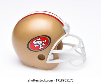 IRVINE, CALIFORNIA - AUGUST 30, 2018: Mini Collectable Football Helmet For The San Francisco 49ers Of The National Football Conference West.