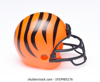 IRVINE, CALIFORNIA - AUGUST 30, 2018: Mini Collectable Football Helmet for the Cincinnati Bengals of the American Football Conference North.