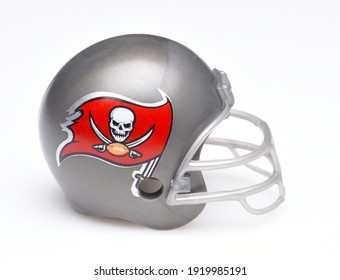 IRVINE, CALIFORNIA - AUGUST 30, 2018: Mini Collectable Football Helmet For The Tampa Bay Buccaneers Of The National Football Conference South.