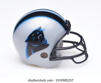 IRVINE, CALIFORNIA - AUGUST 30, 2018: Mini Collectable Football Helmet For The Carolina Panthers Of The National Football Conference South.