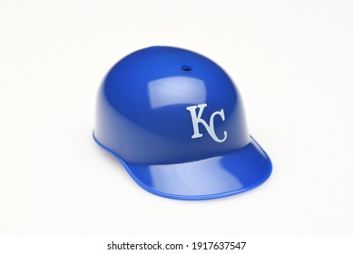 IRVINE, CALIFORNIA - FEBRUARY 28, 2019:  Closeup of a mini collectable batters helmet for the Kansas City Royals of Major League Baseball.