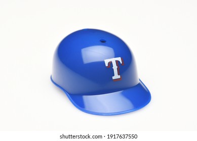 IRVINE, CALIFORNIA - FEBRUARY 28, 2019:  Closeup Of A Mini Collectable Batters Helmet For The Texas Rangers Of Major League Baseball.