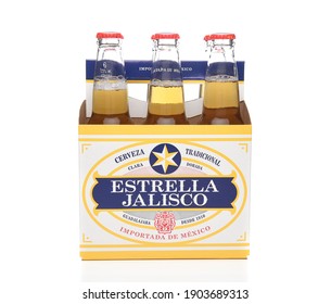 IRVINE, CALIFORNIA - MARCH 21, 2018: Six Pack Of Estrella Jalisco Beer Side View. Estrella Jalisco Is A American Lager Style Beer Brewed By Grupo Modelo,