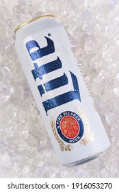 IRVINE, CALIFORNIA - MARCH 21, 2018: A 24 Ounce King Can Of Miller Lite On Ice. Introduced In 1975 Miller Lite Was The First Mainstream Light Beer.