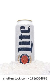 IRVINE, CALIFORNIA - MARCH 21, 2018: A 24 Ounce King Can Of Miller Lite In Ice. Introduced In 1975 Miller Lite Was The First Mainstream Light Beer.