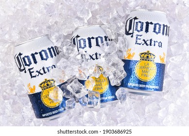 IRVINE, CALIFORNIA - MARCH 29, 2018: Corona Extra Beer Cans In Ice. Corona Is The Most Popular Import In The USA.