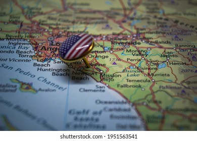 Irvine, California pinned on a map with USA flag