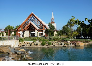 IRVINE, CALIFORNIA - SEPT 7, 2019: Mariners Church Chapel and lake, a non-denominational, Christian Church located in central Orange County.