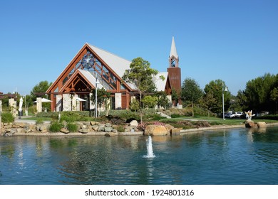 IRVINE, CALIFORNIA - SEPT 7, 2019: Mariners Church Chapel and lake, a non-denominational, Christian Church located in central Orange County.