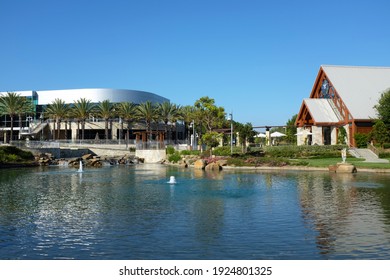IRVINE, CALIFORNIA - SEPT 7, 2019: The lake with the Worship Center and Chapel at Mariners Church, a non-denominational, Christian Church.